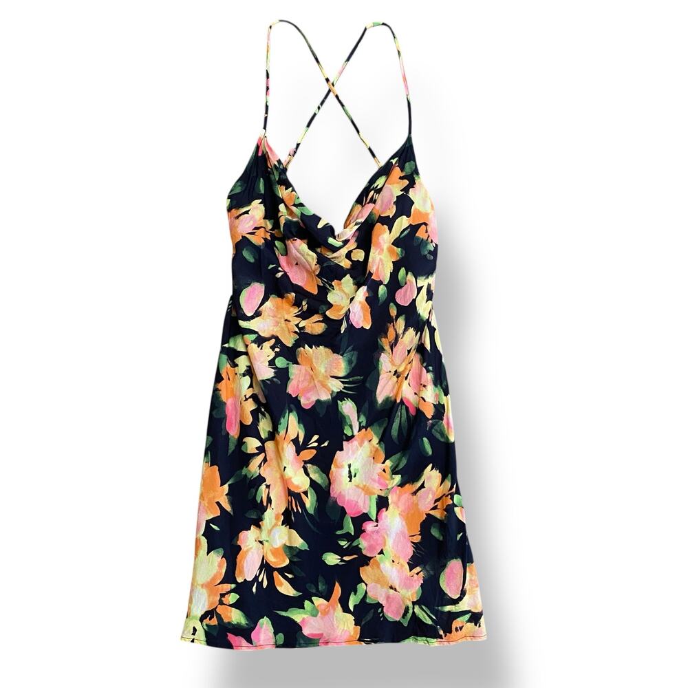 H&M Black Floral Print Cross Back Slip Dress Size Large Boho, y2k, summer, party